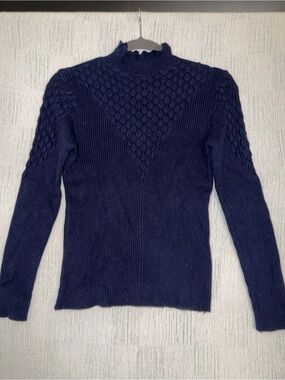 TC Fashion VTG Inspired Navy Mock Neck Scallop Cotton Sweater S Cottage Core